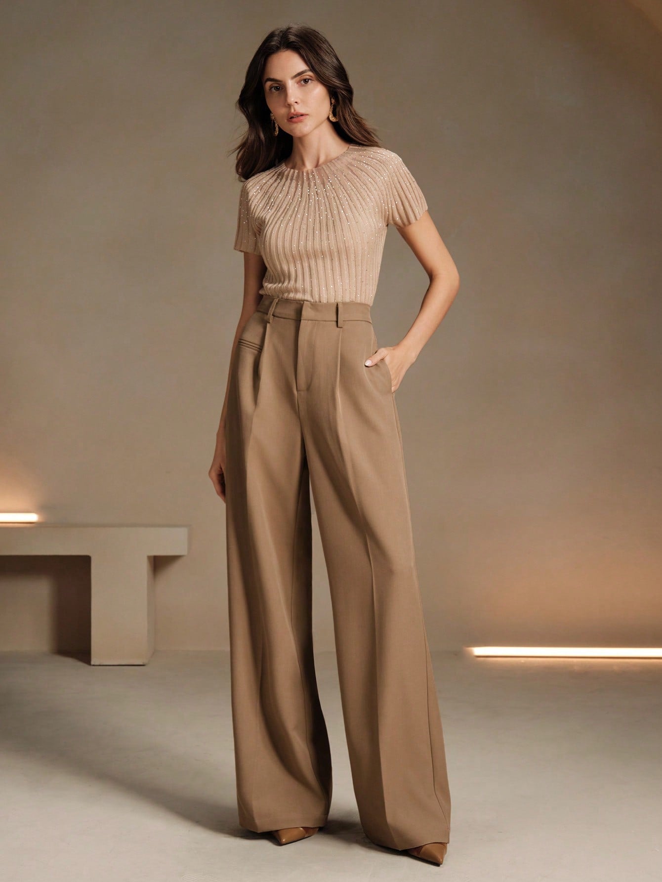 High-Waist Camel Wide-Leg Tailored Trousers
