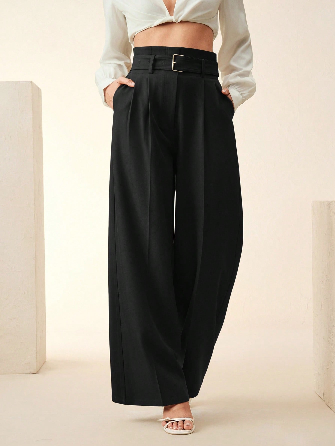 High-Waist Black Wide-Leg Trousers With Belt
