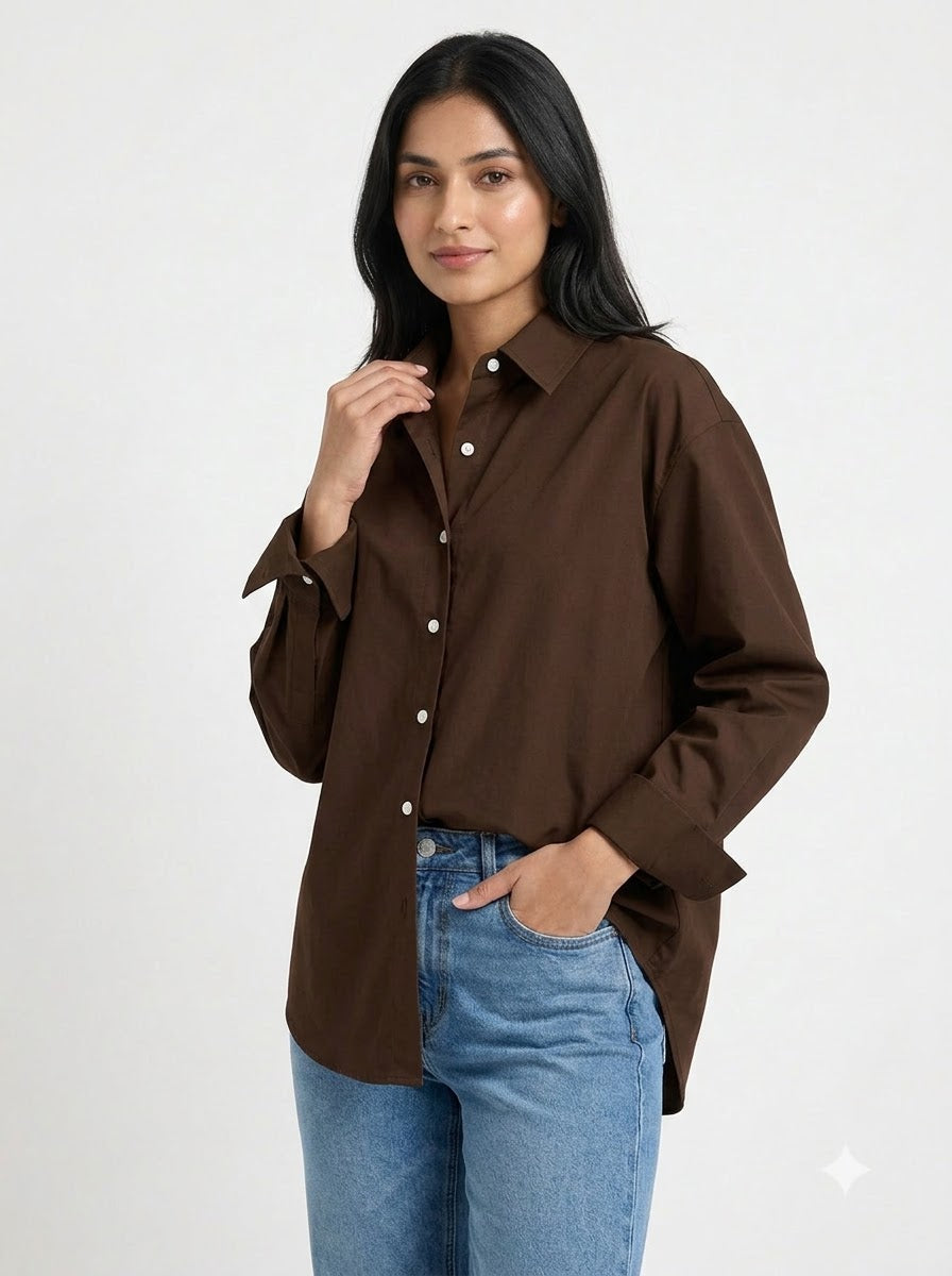 Chocolate Brown Essential Long Sleeve Oversized Shirt