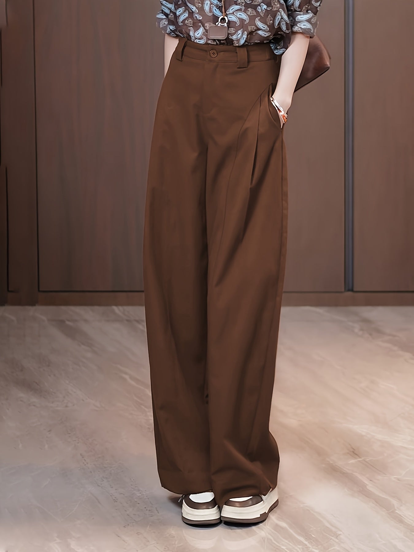 High-Waist Brown Wide-Leg Trousers for Women