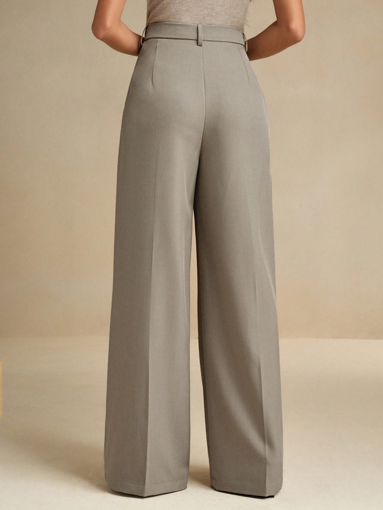 High-Waist Stone Grey Pleated Wide-Leg Trousers