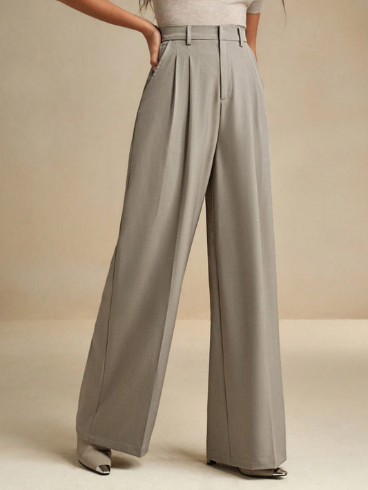 High-Waist Stone Grey Pleated Wide-Leg Trousers