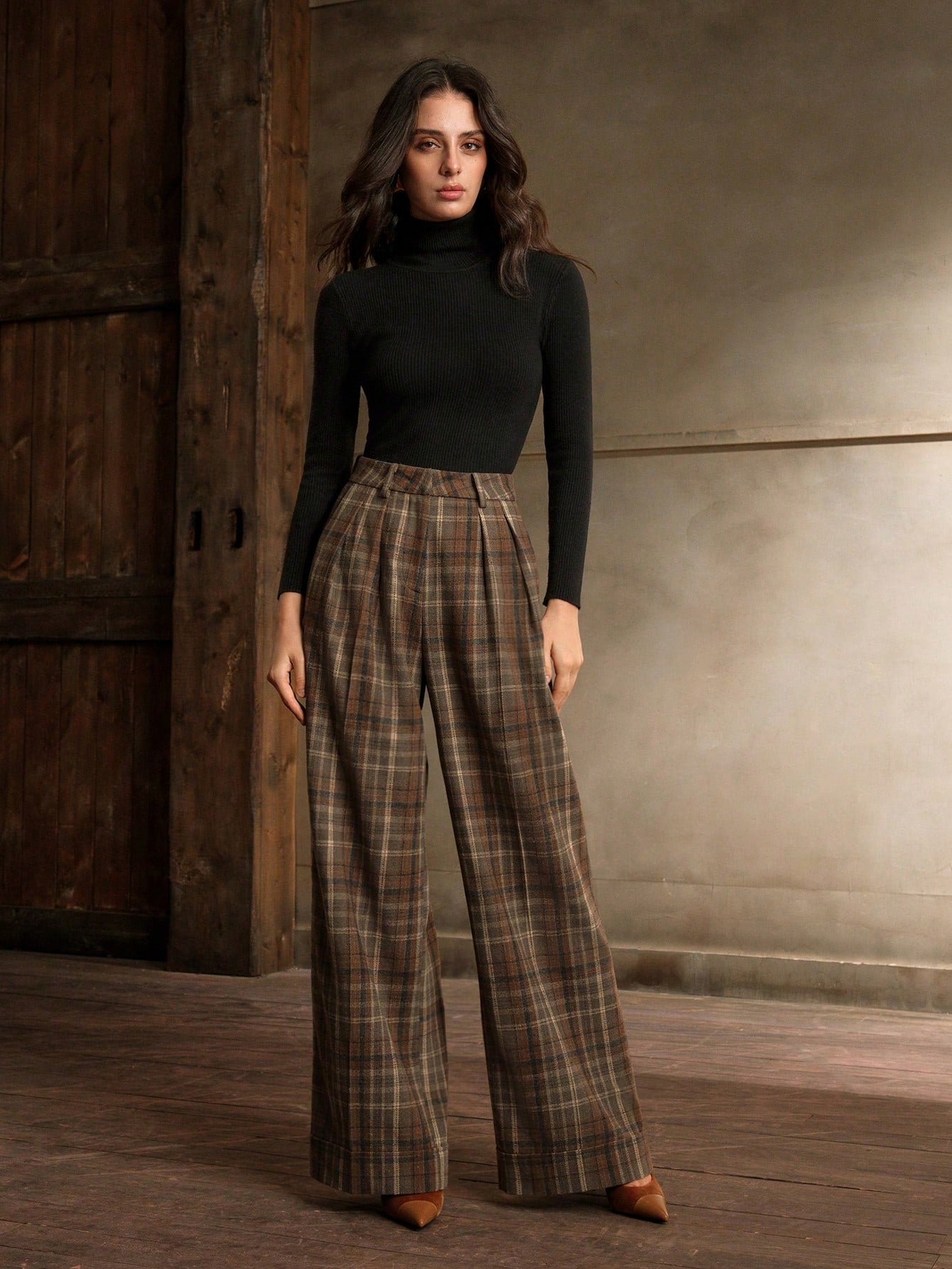 Vintage Checkered High-Waist Wide-Leg Trousers