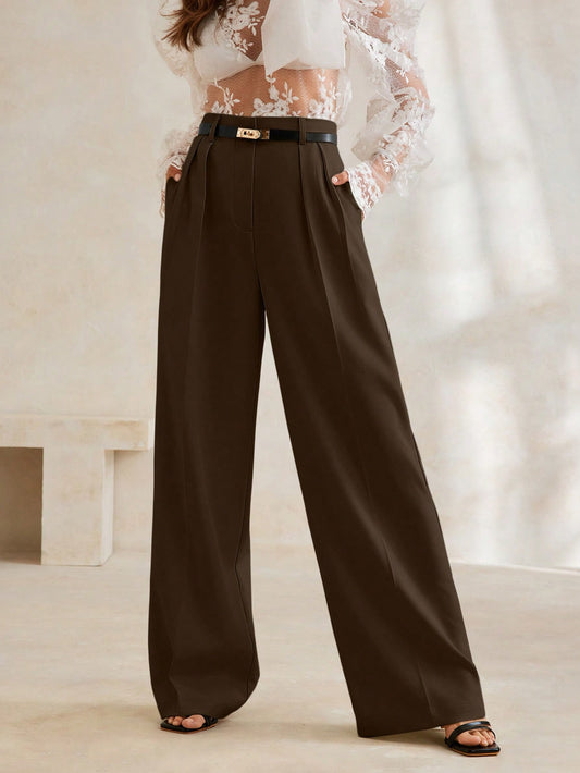 High-Waist Chocolate Brown Wide-Leg Trousers with Statement Belt