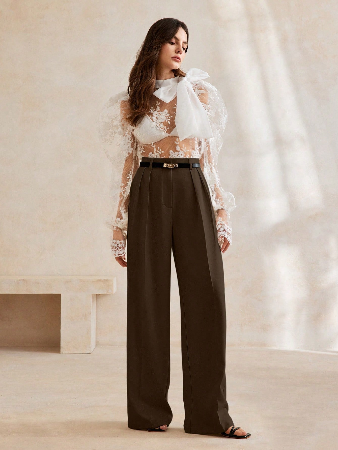 High-Waist Chocolate Brown Wide-Leg Trousers with Statement Belt