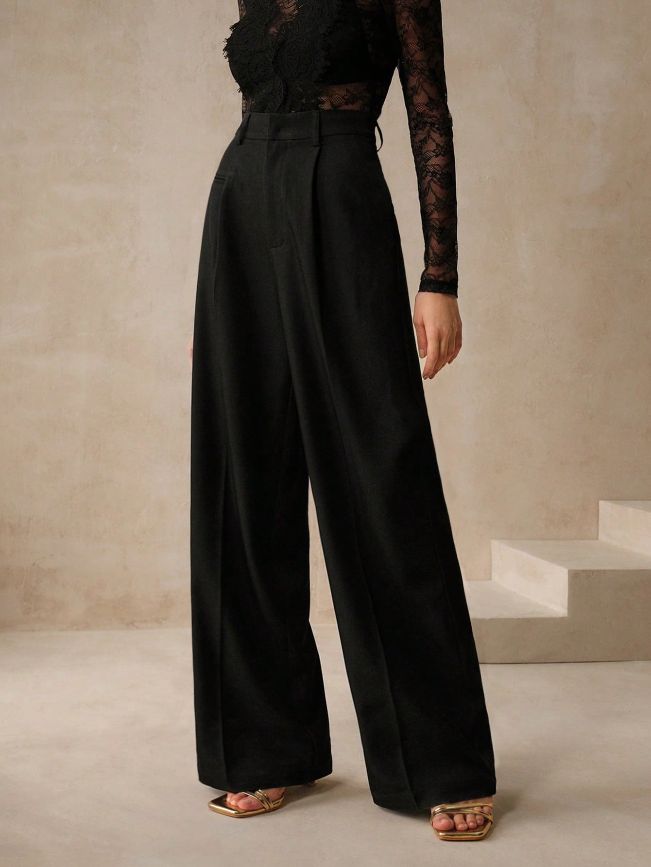High-Waist Black Tailored Wide-Leg Trousers