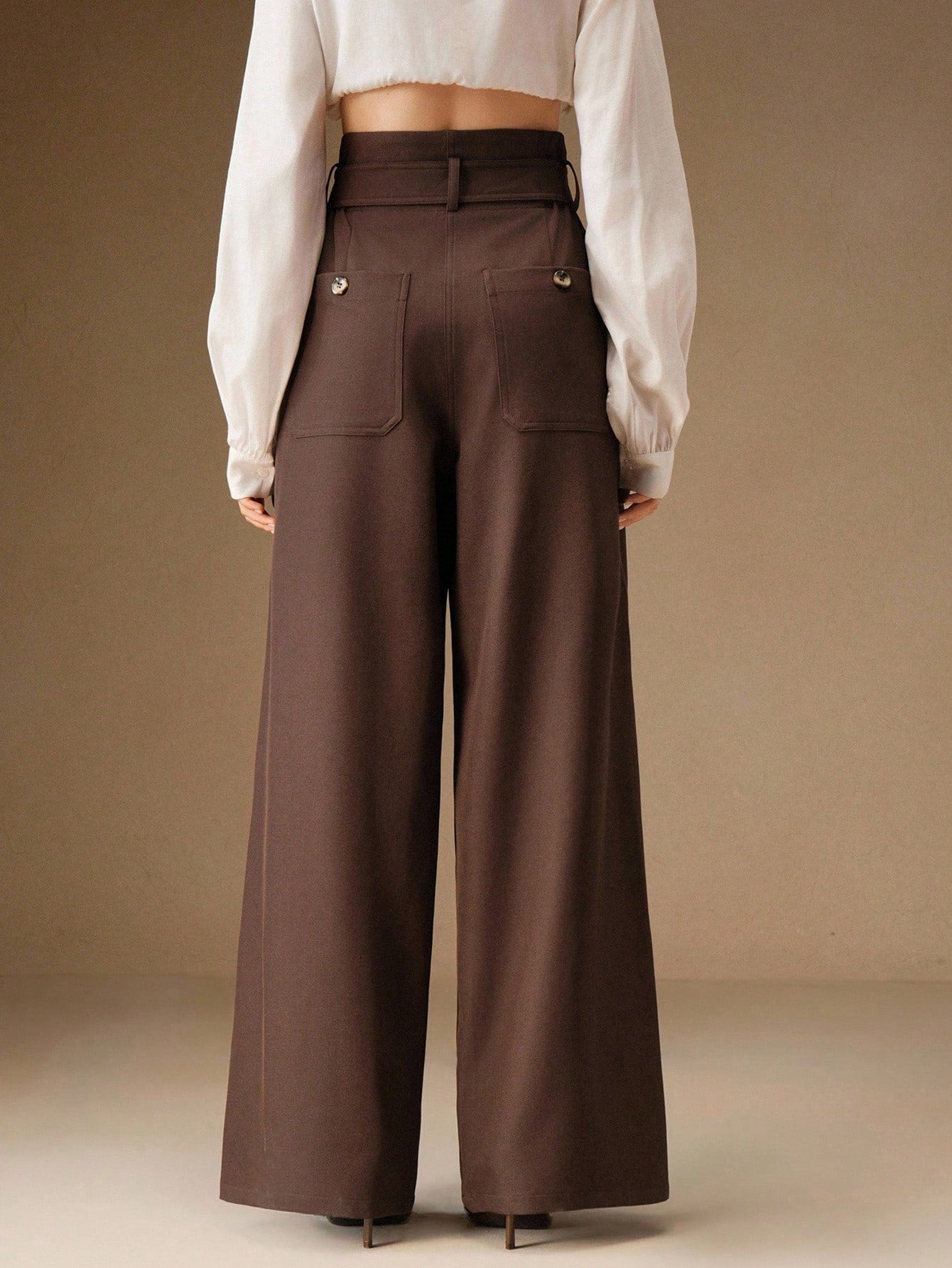 High-Waist Chocolate Brown Wide-Leg Trousers with Belt