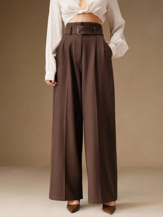High-Waist Chocolate Brown Wide-Leg Trousers with Belt
