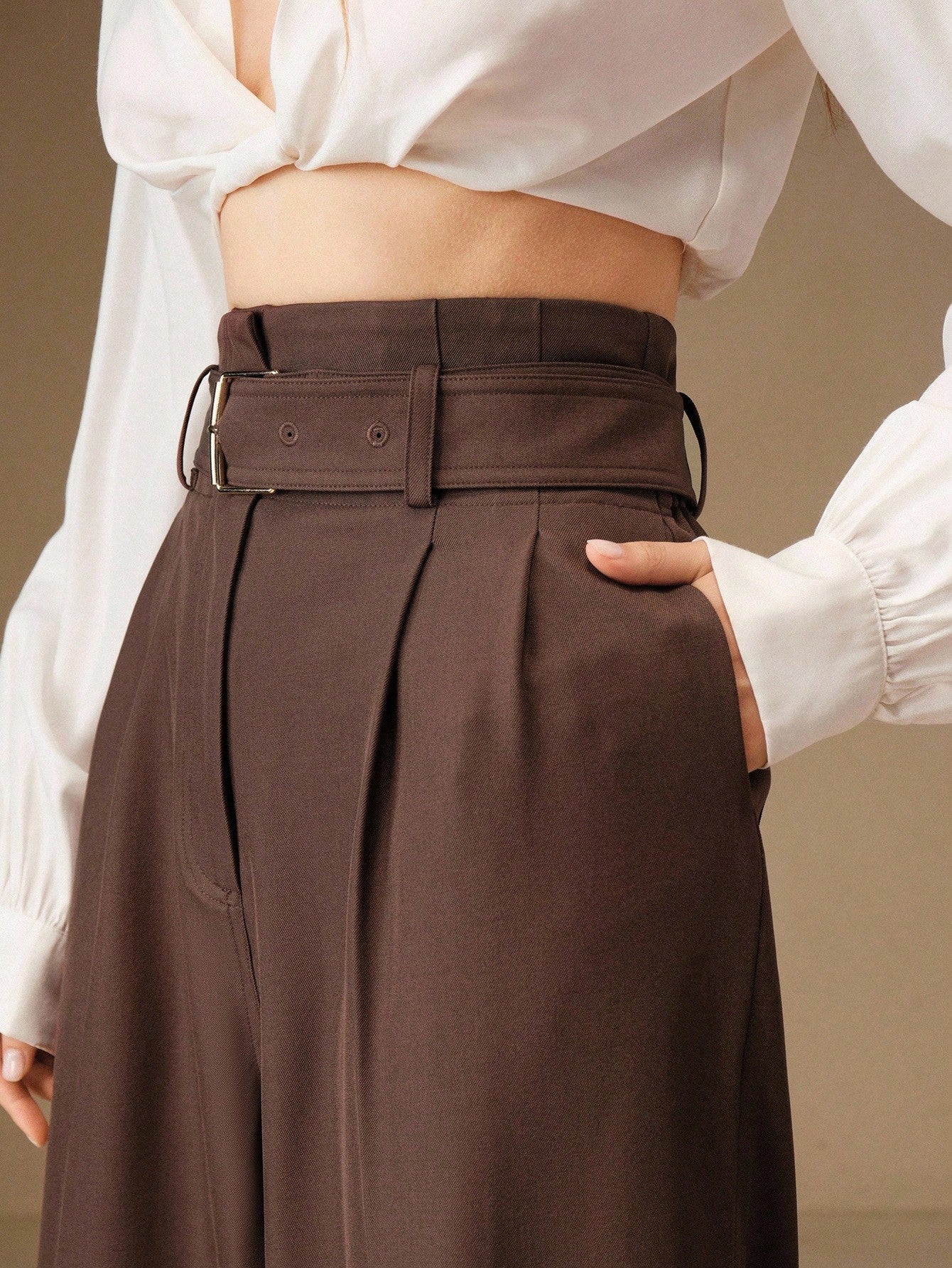 High-Waist Chocolate Brown Wide-Leg Trousers with Belt