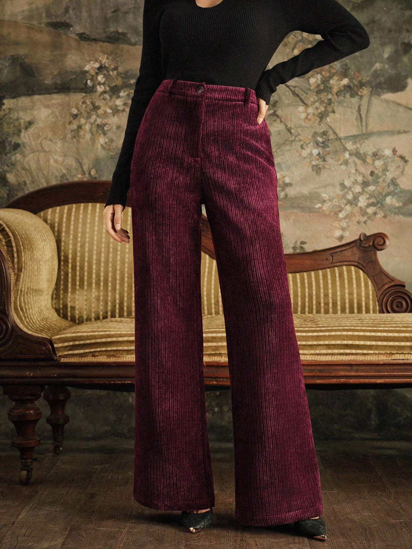 High-Waist Wine Corduroy Wide-Leg Trousers
