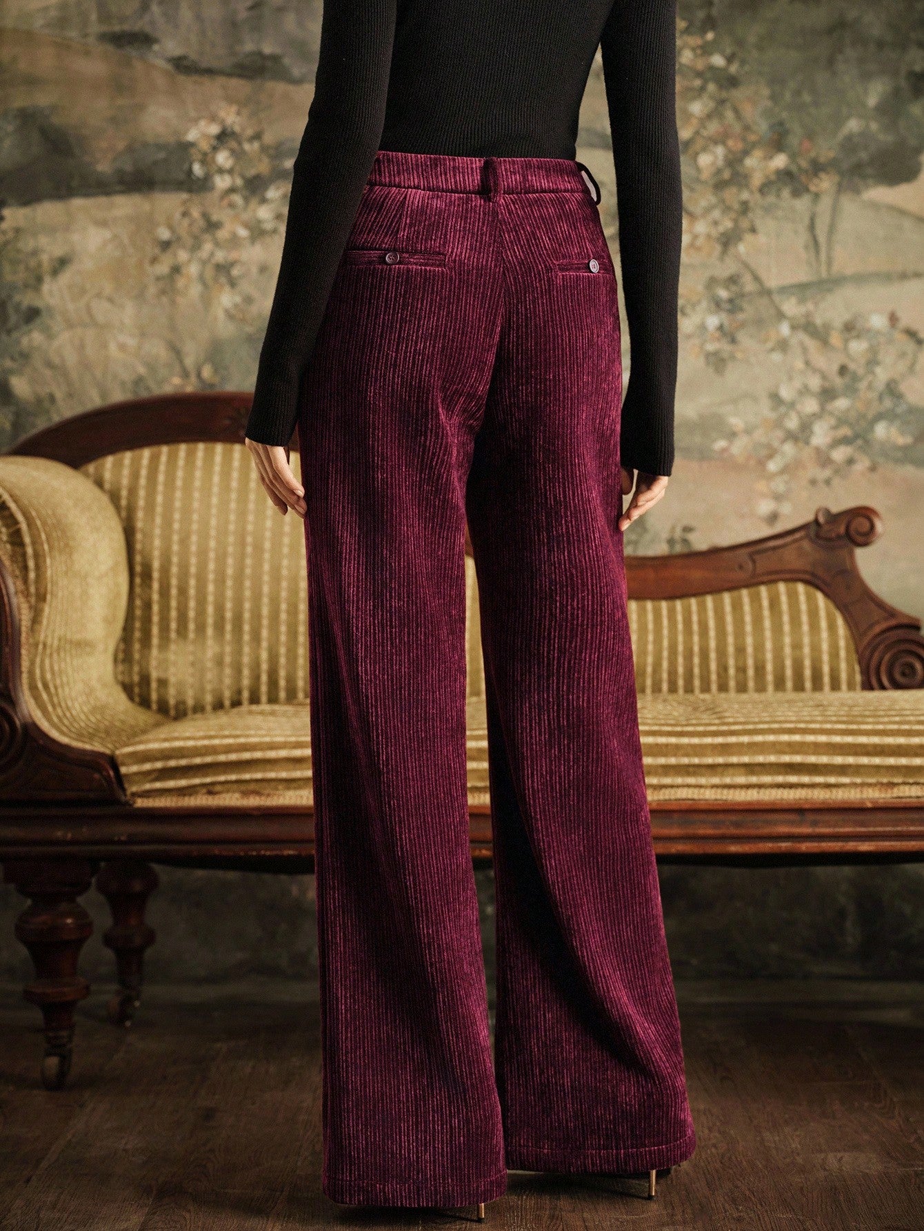 High-Waist Wine Corduroy Wide-Leg Trousers