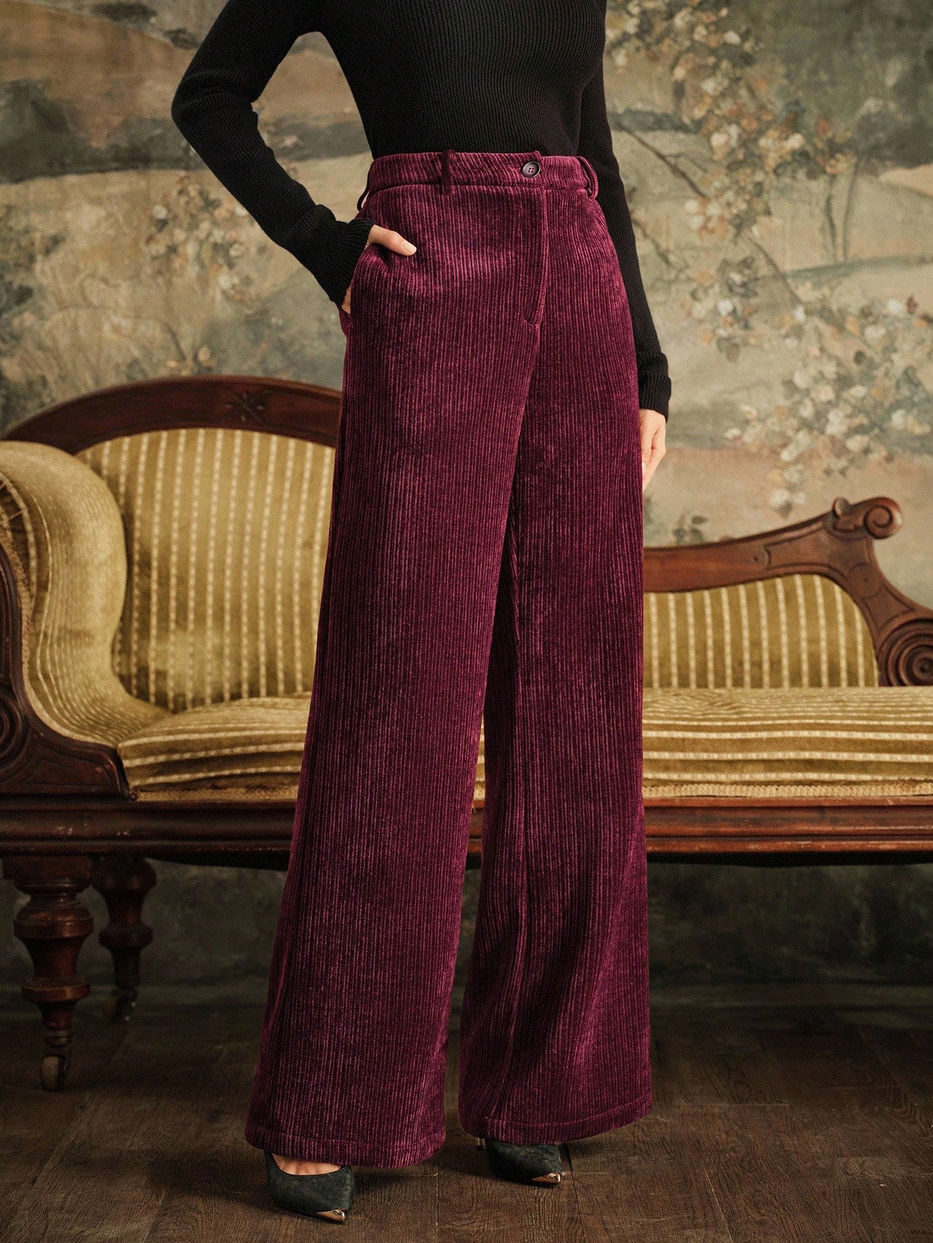 High-Waist Wine Corduroy Wide-Leg Trousers