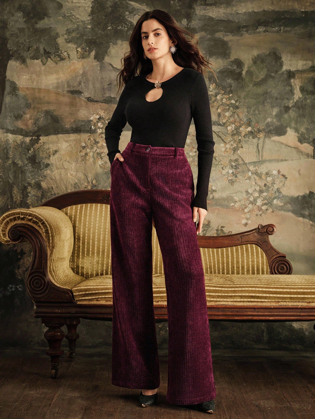 High-Waist Wine Corduroy Wide-Leg Trousers