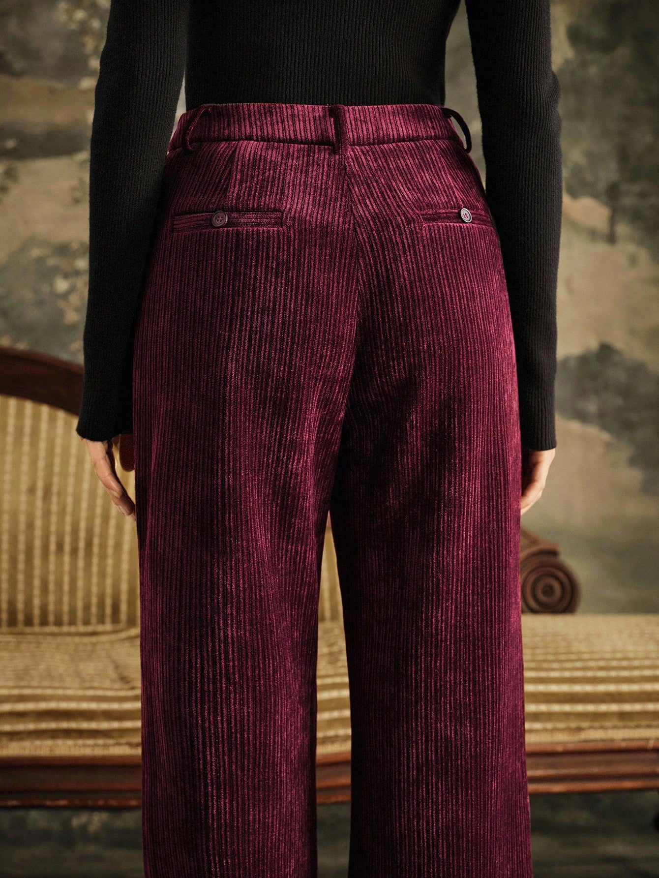 High-Waist Wine Corduroy Wide-Leg Trousers