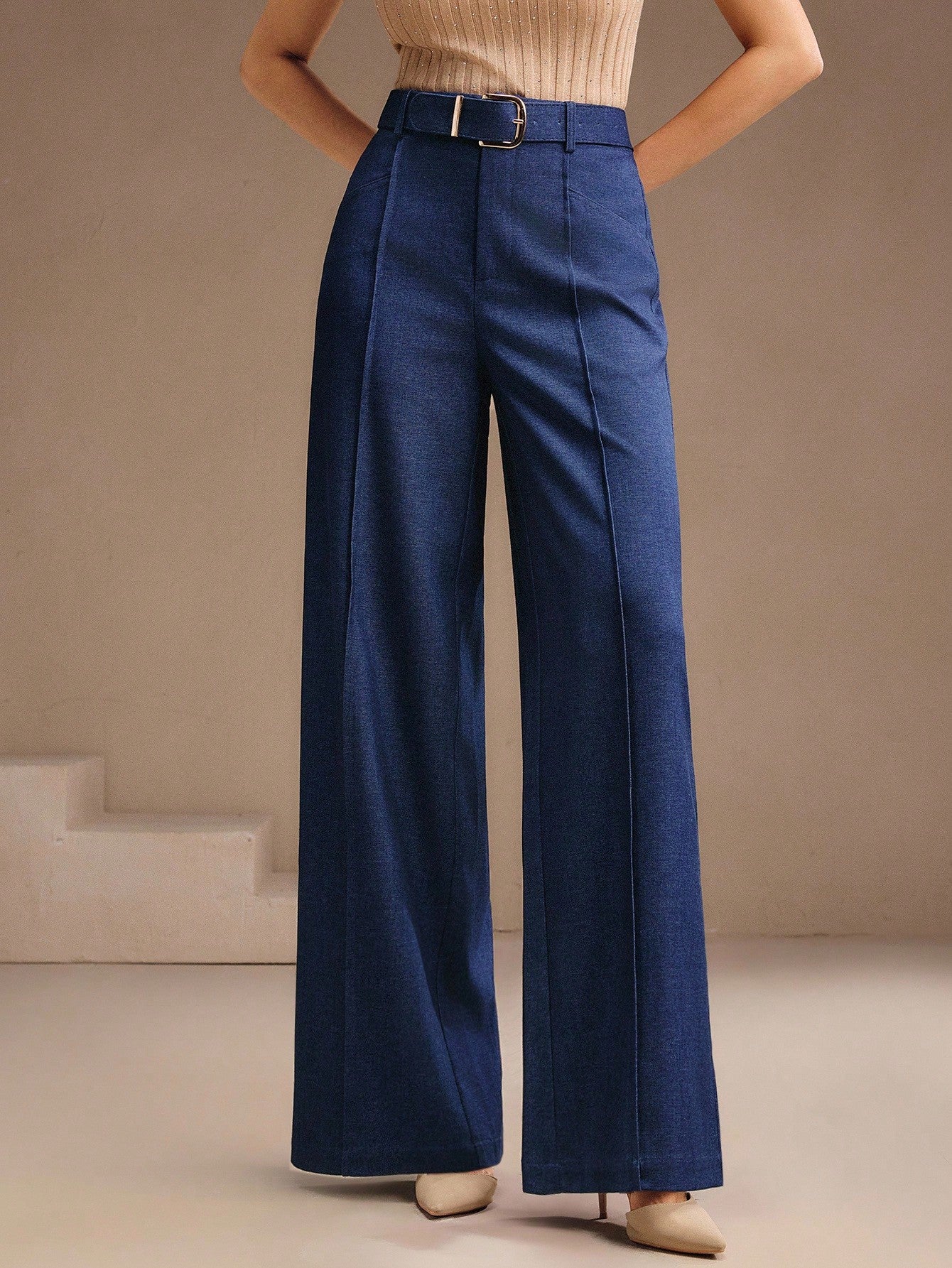 High-Waist Indigo Wide-Leg Trousers with Belt