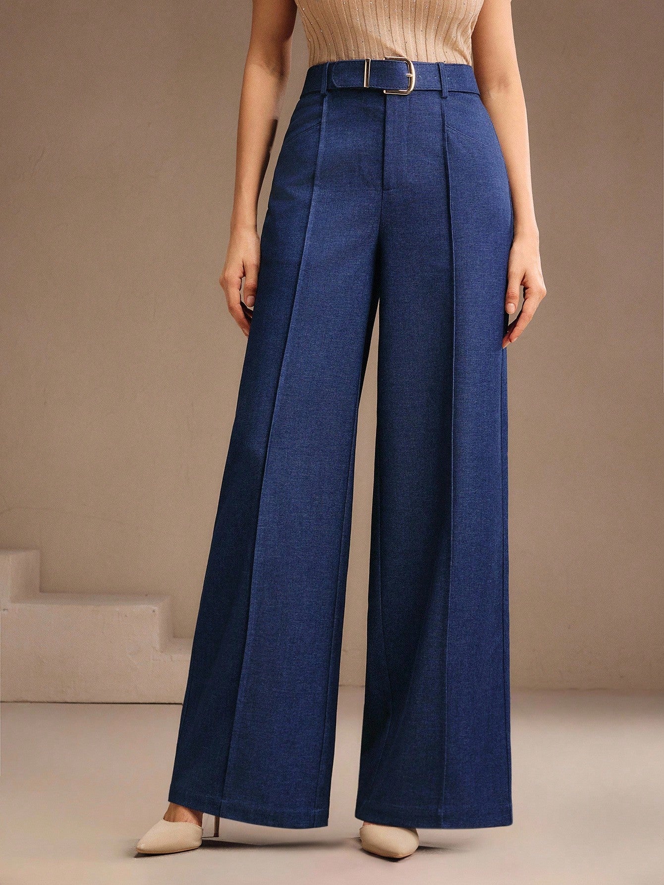 High-Waist Indigo Wide-Leg Trousers with Belt