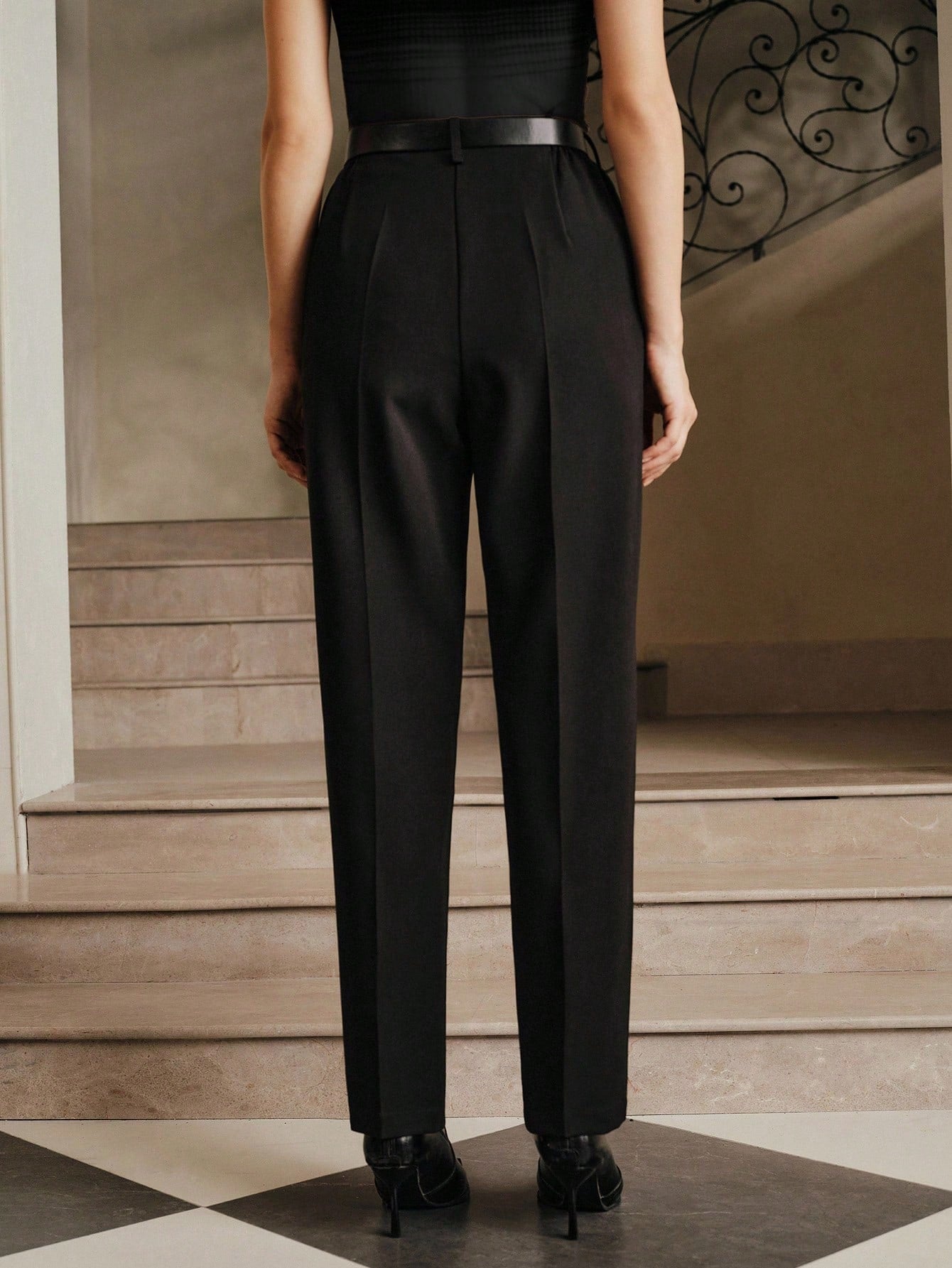 High-Waist Black Straight-Tapered Tailored Trousers