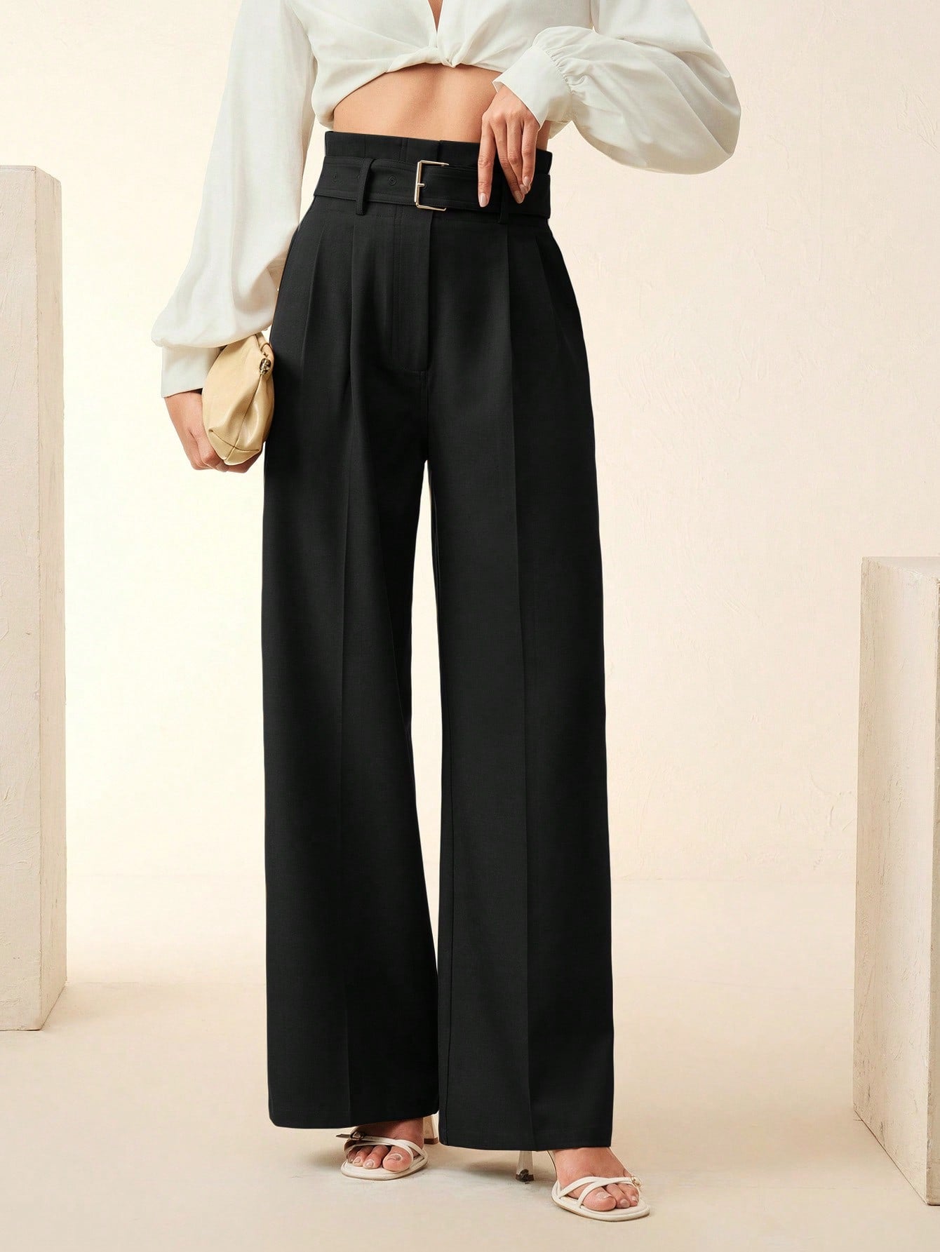High-Waist Black Wide-Leg Trousers With Belt