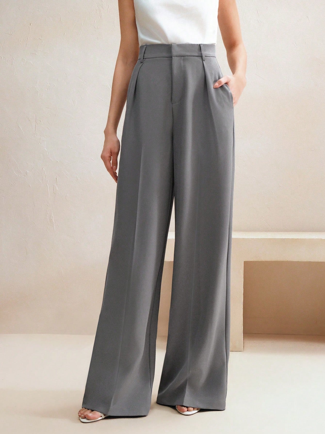 High-Waist Grey Tailored Wide-Leg Trousers