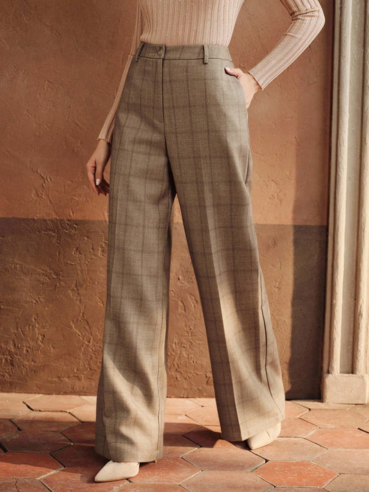 Vintage Beige Windowpane High-Waist Straight Wide-Leg Trousers – Elegant Neutral Autumn Edition