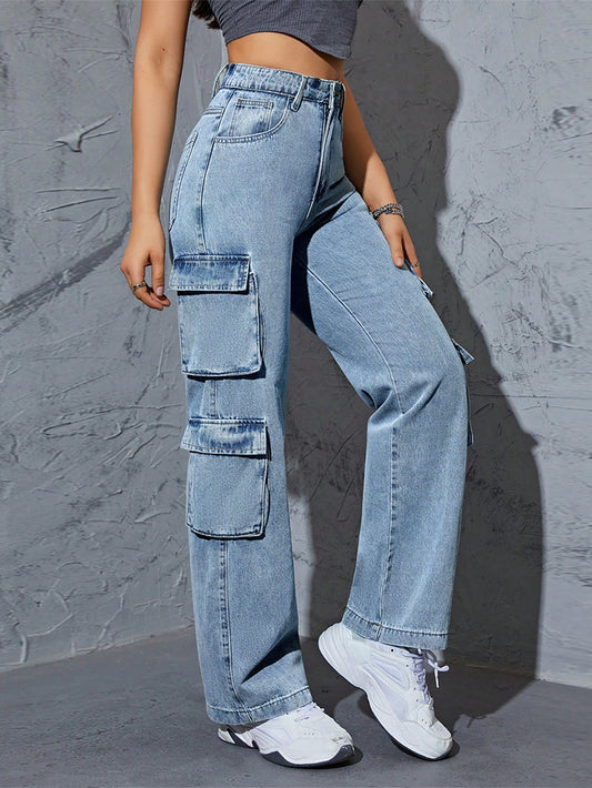 High-Waist Light Blue Straight-Leg Cargo Denim Jeans for Women