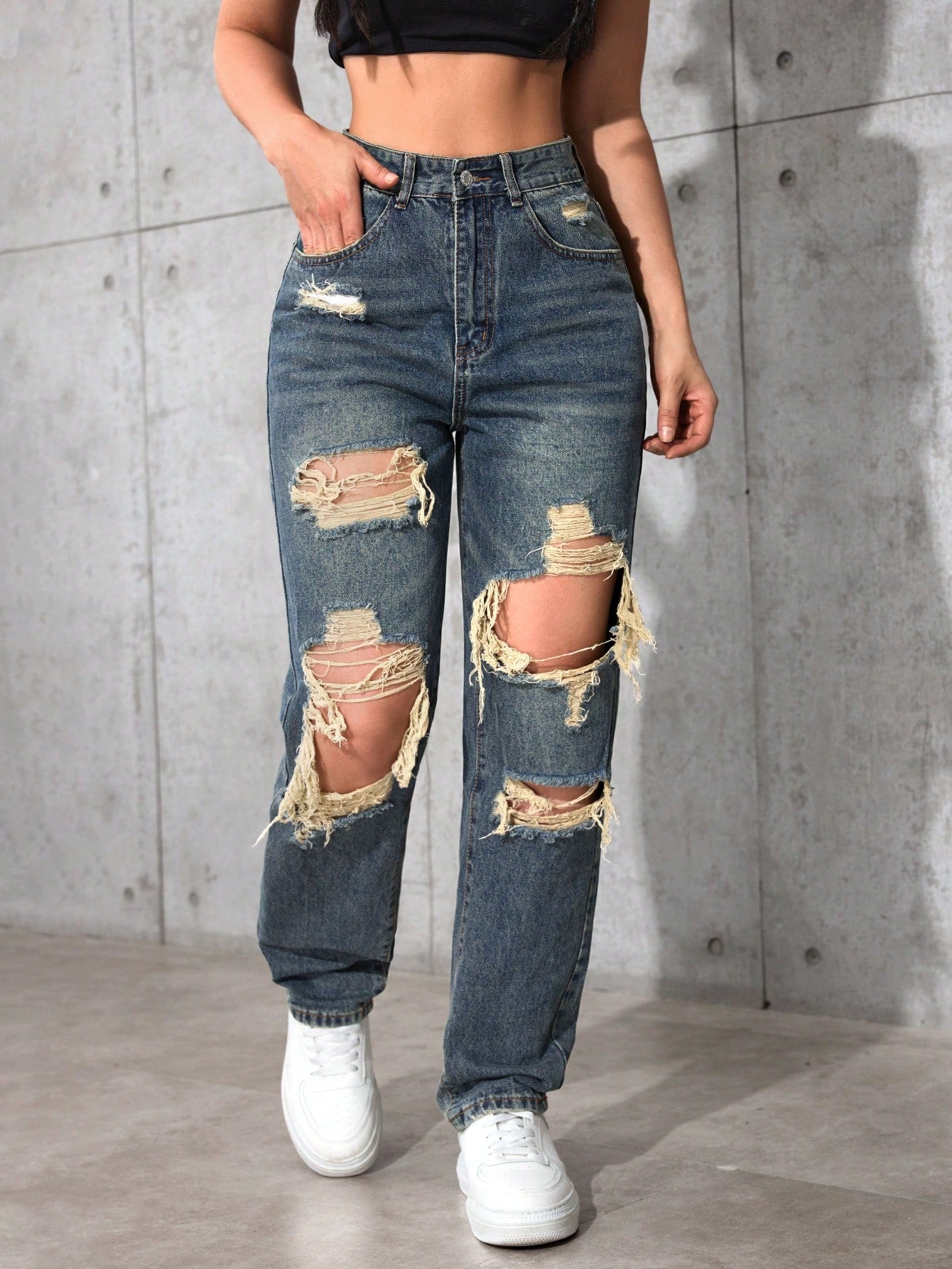 High-Waist Heavy Distressed Straight-Leg Jeans for Women