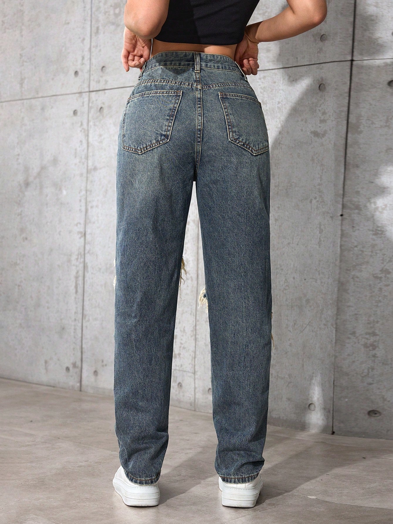 High-Waist Heavy Distressed Straight-Leg Jeans for Women
