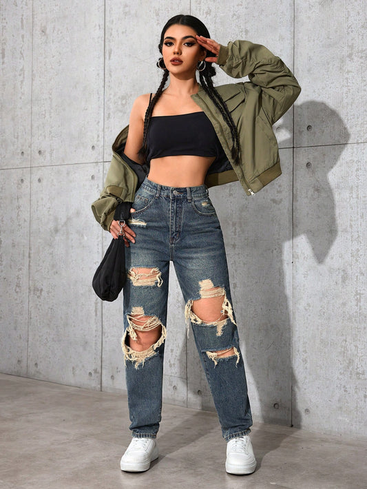 High-Waist Heavy Distressed Straight-Leg Jeans for Women