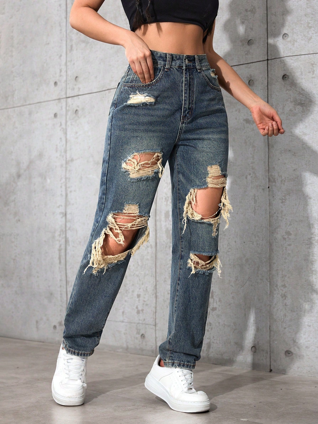 High-Waist Heavy Distressed Straight-Leg Jeans for Women