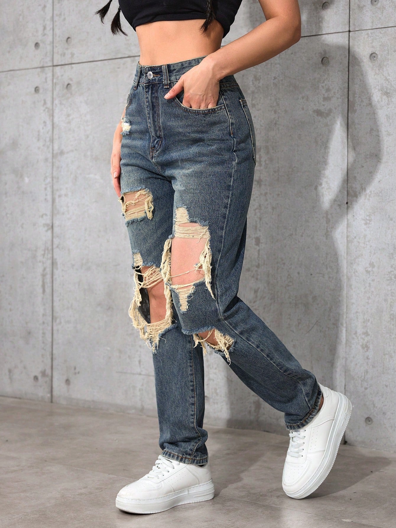 High-Waist Heavy Distressed Straight-Leg Jeans for Women