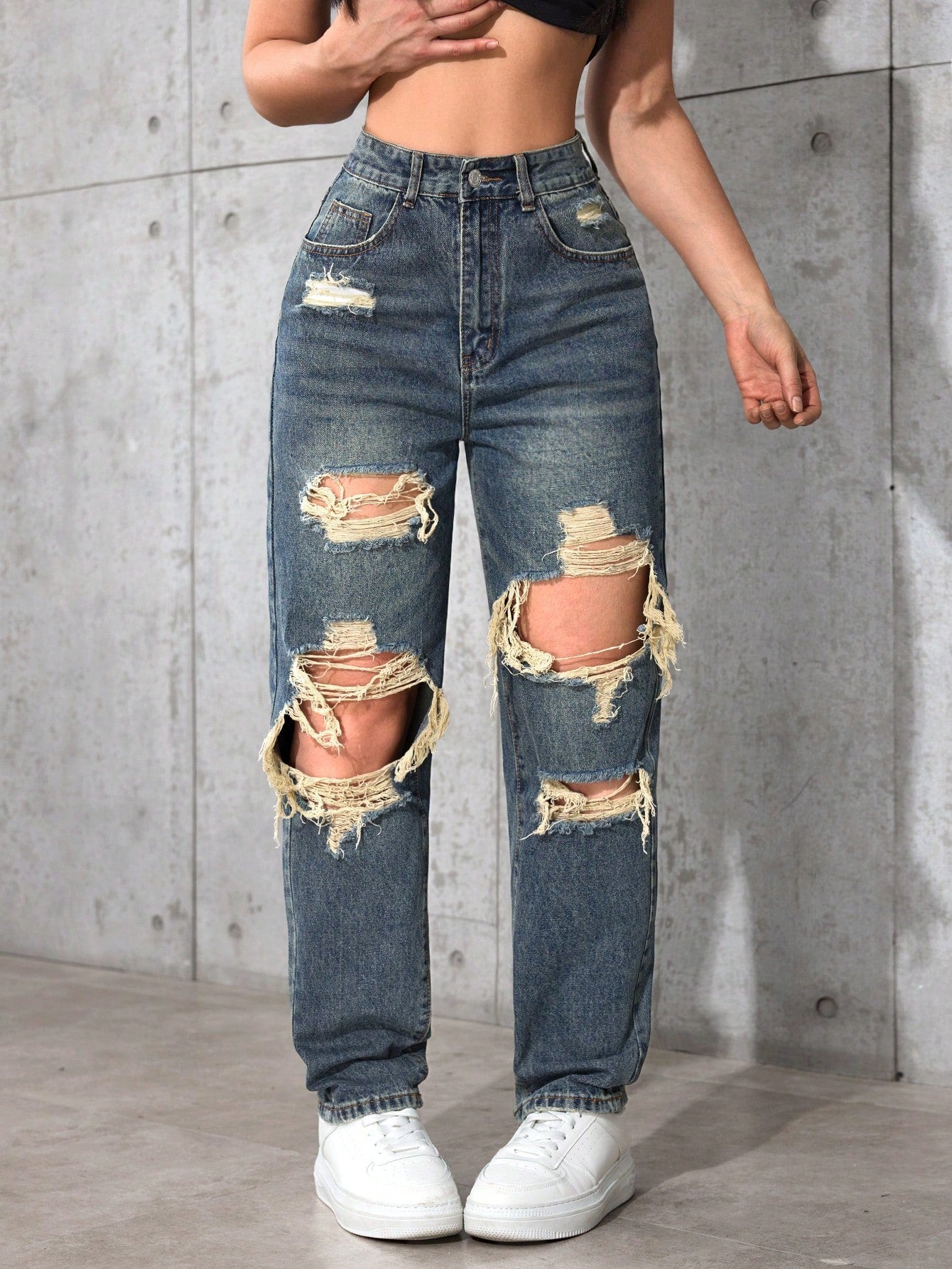 High-Waist Heavy Distressed Straight-Leg Jeans for Women