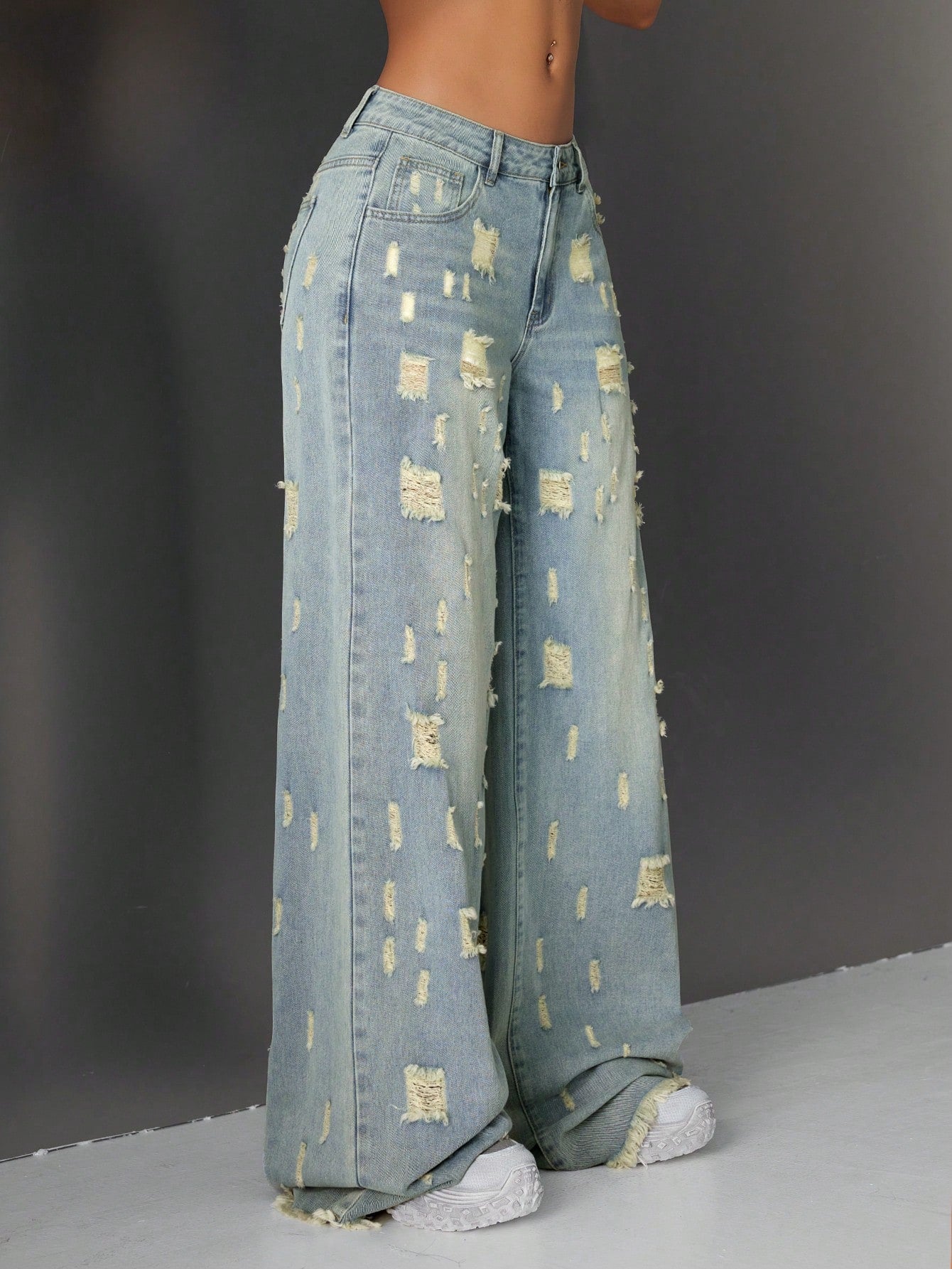 High-Waist Multi-Patch Distressed Wide-Leg Jeans for Women – Artistic Street Style