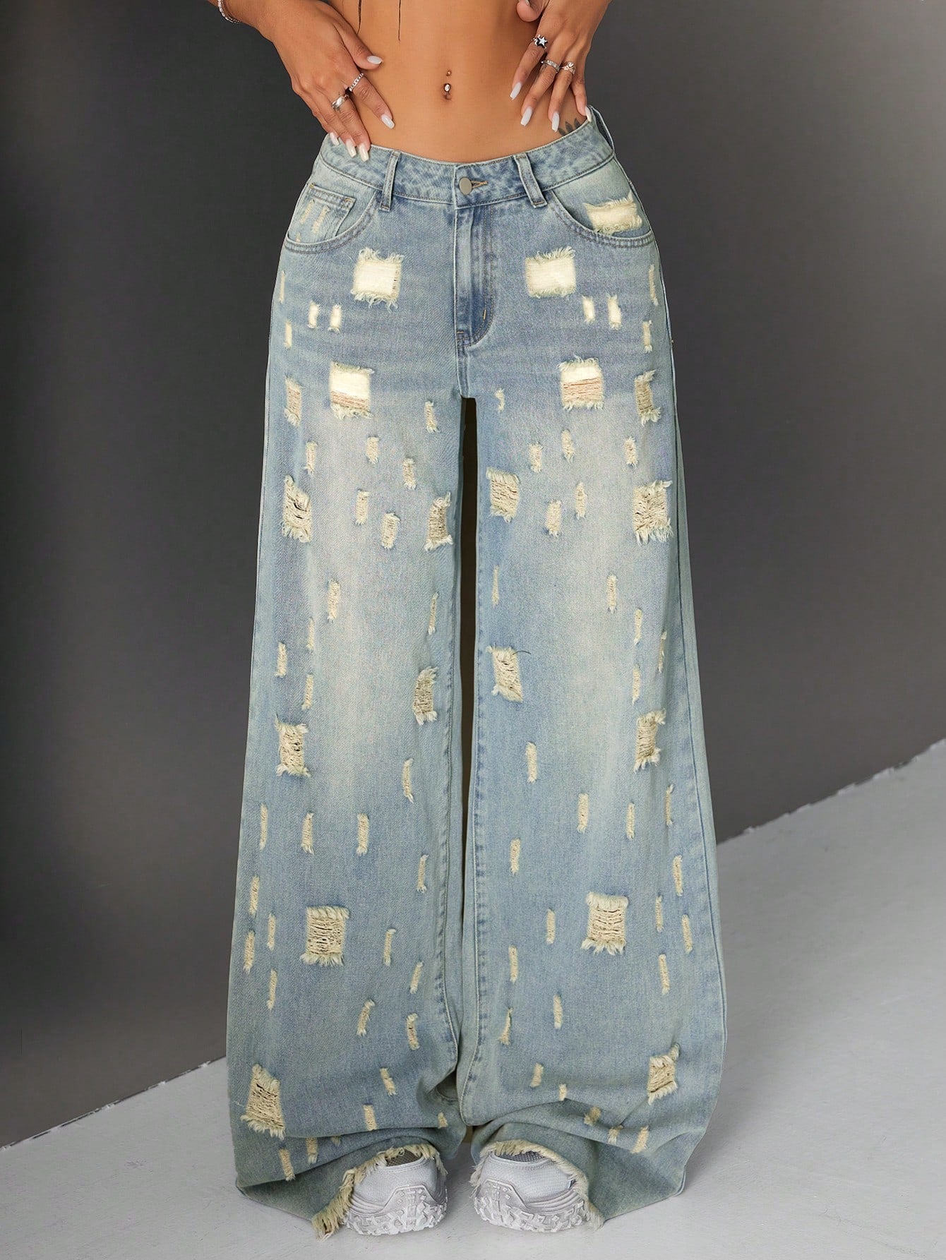 High-Waist Multi-Patch Distressed Wide-Leg Jeans for Women – Artistic Street Style