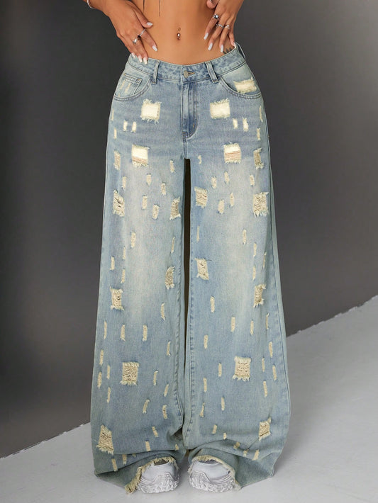 High-Waist Multi-Patch Distressed Wide-Leg Jeans for Women – Artistic Street Style