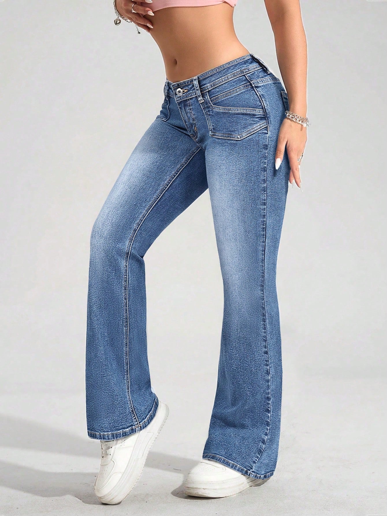 Low-Waist Fitted Flared Jeans for Women – Y2K Washed Blue Denim