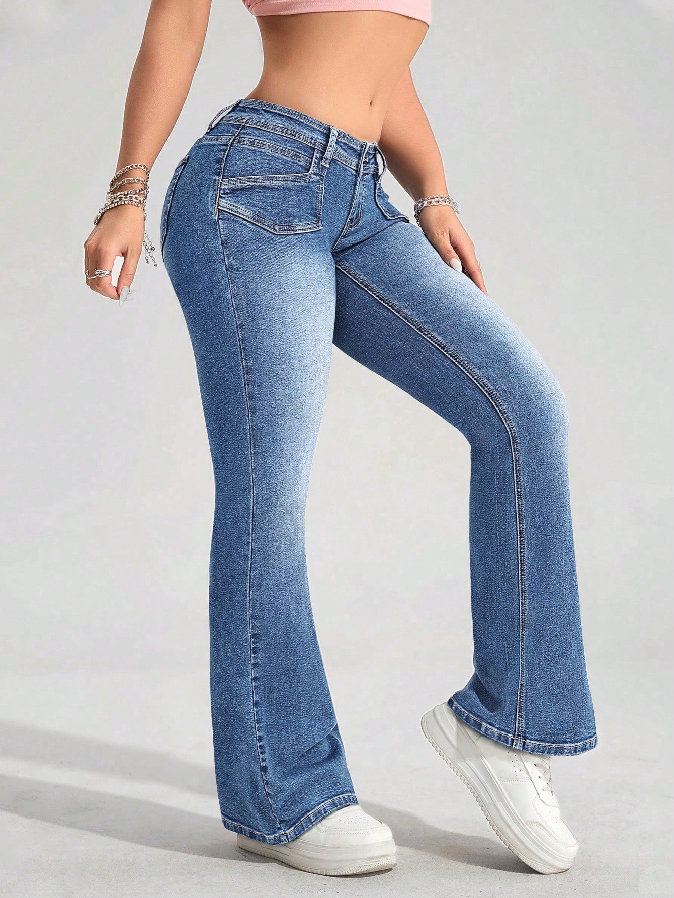 Low-Waist Fitted Flared Jeans for Women – Y2K Washed Blue Denim