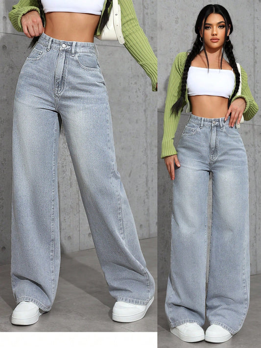 High-Rise Light Wash Wide-Leg Denim Jeans for Women
