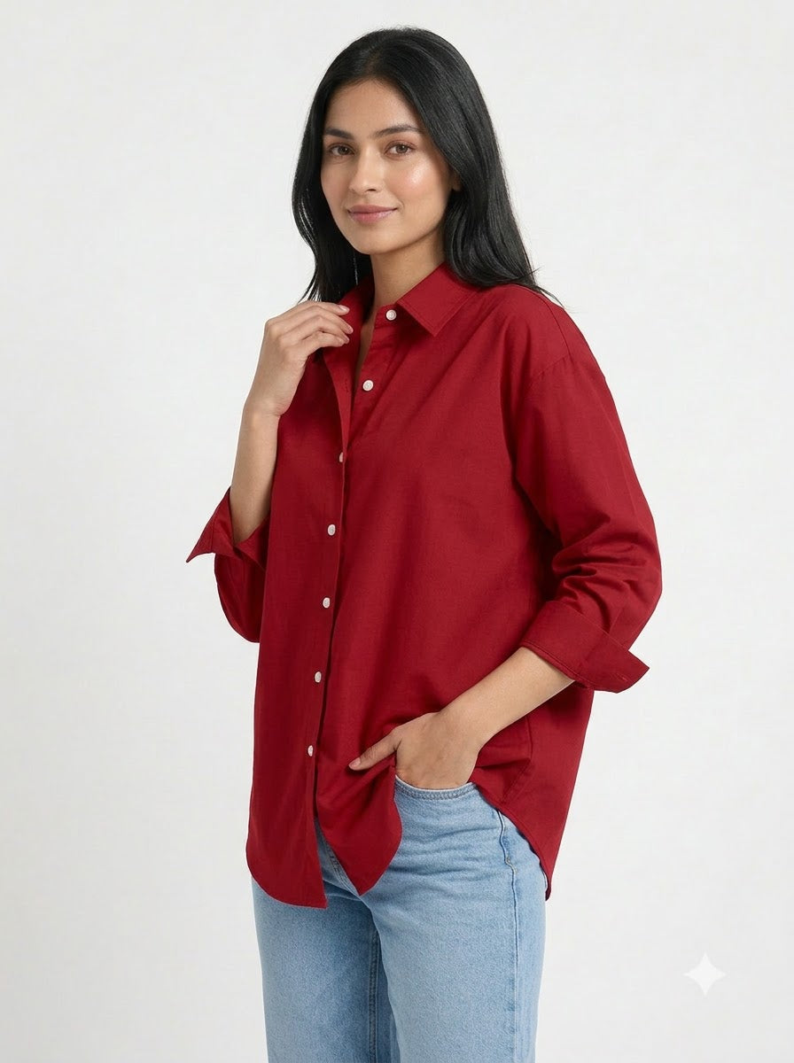 Wine Red Essential Long Sleeve Oversized Shirt