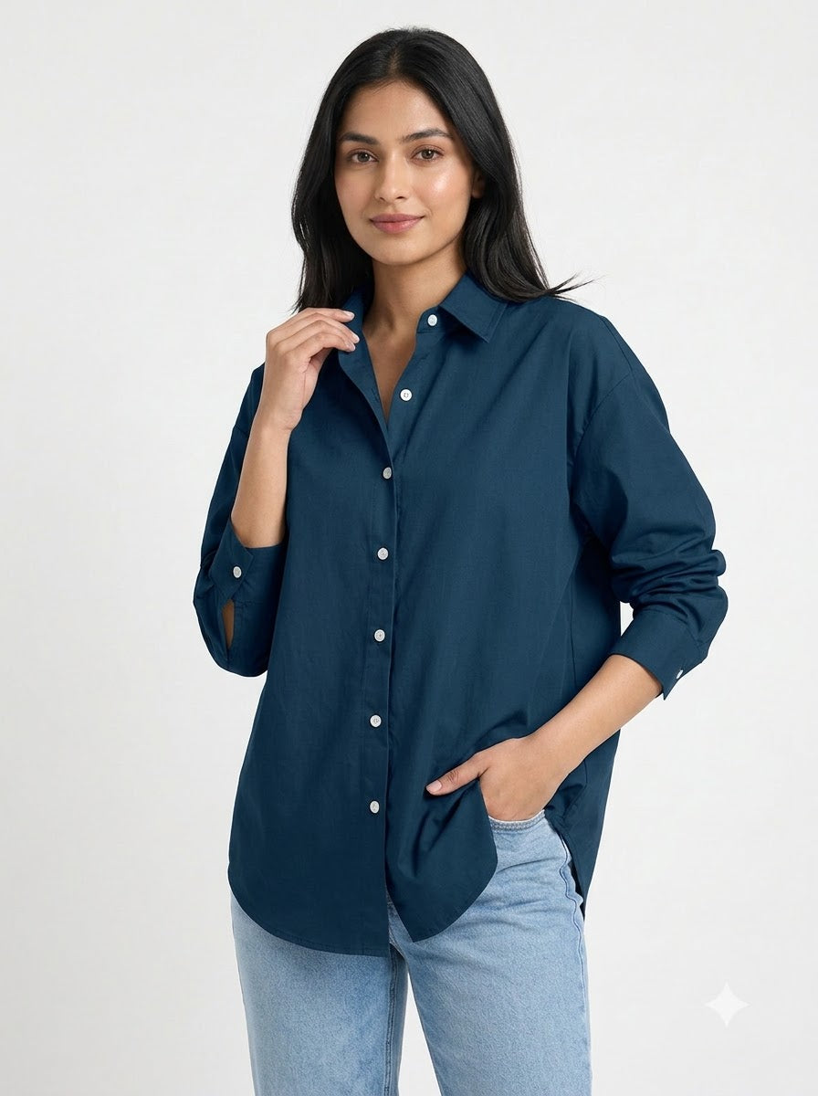 Navy Blue Essential Long Sleeve Oversized Shirt