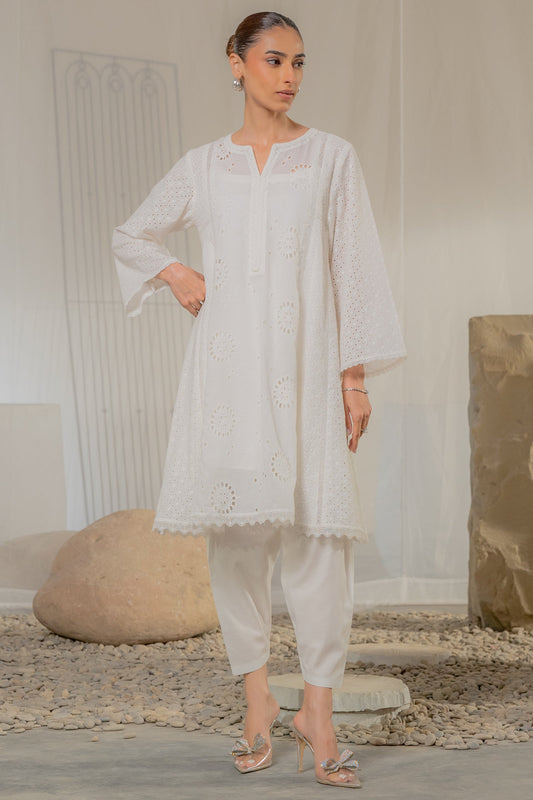 Pure Ivory Schiffli Embroidered Kurta Set