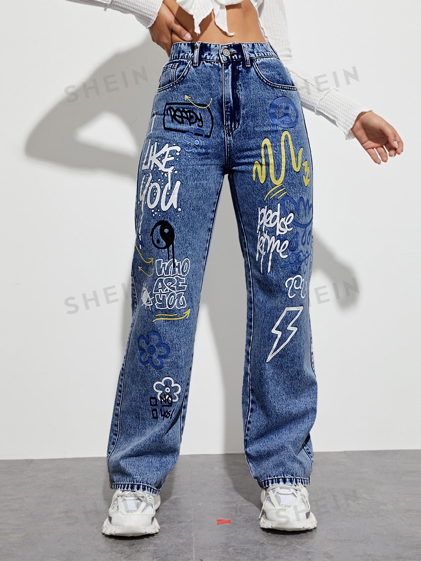 High-Waist Blue Graffiti Print Straight-Leg Jeans for Women