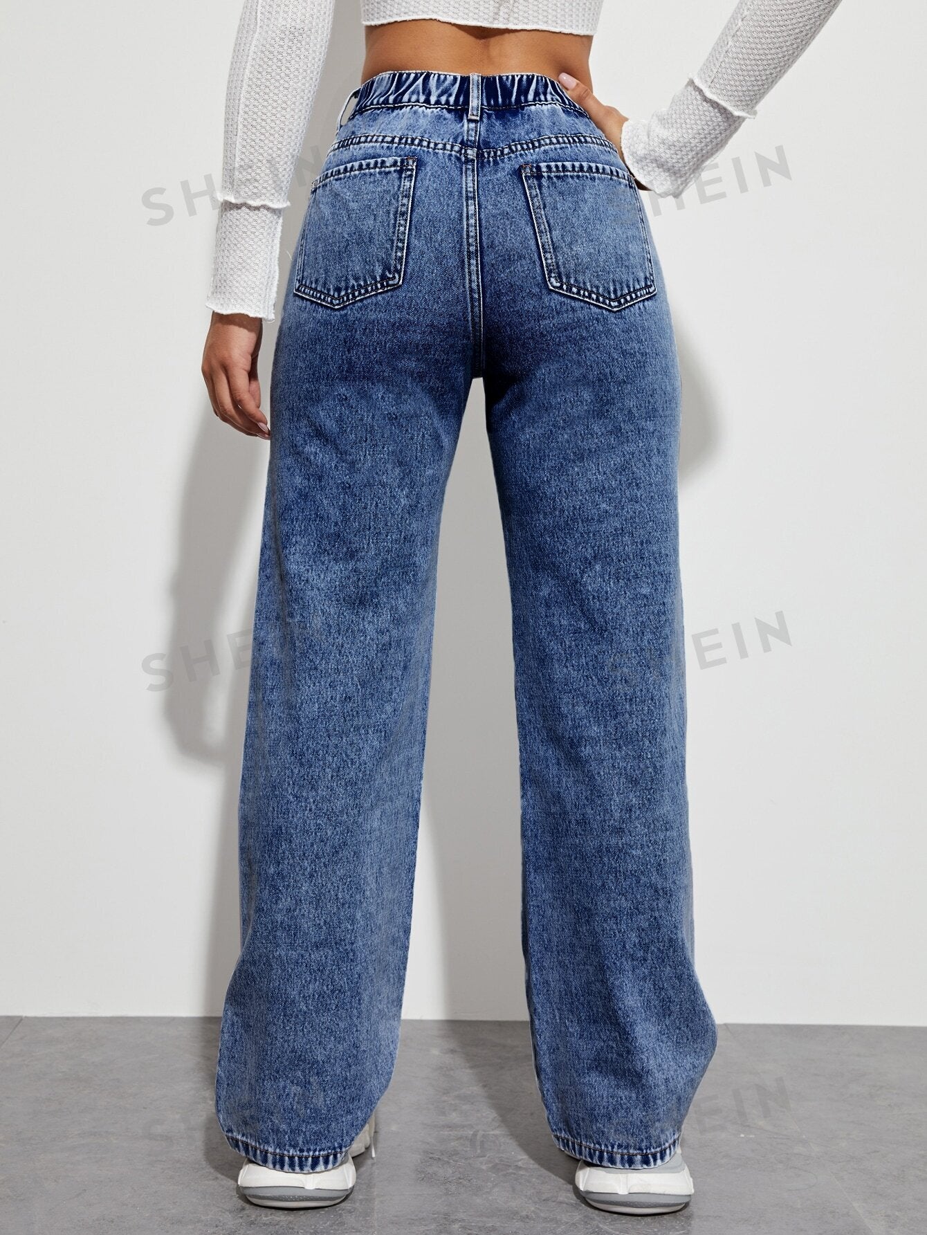 High-Waist Blue Graffiti Print Straight-Leg Jeans for Women