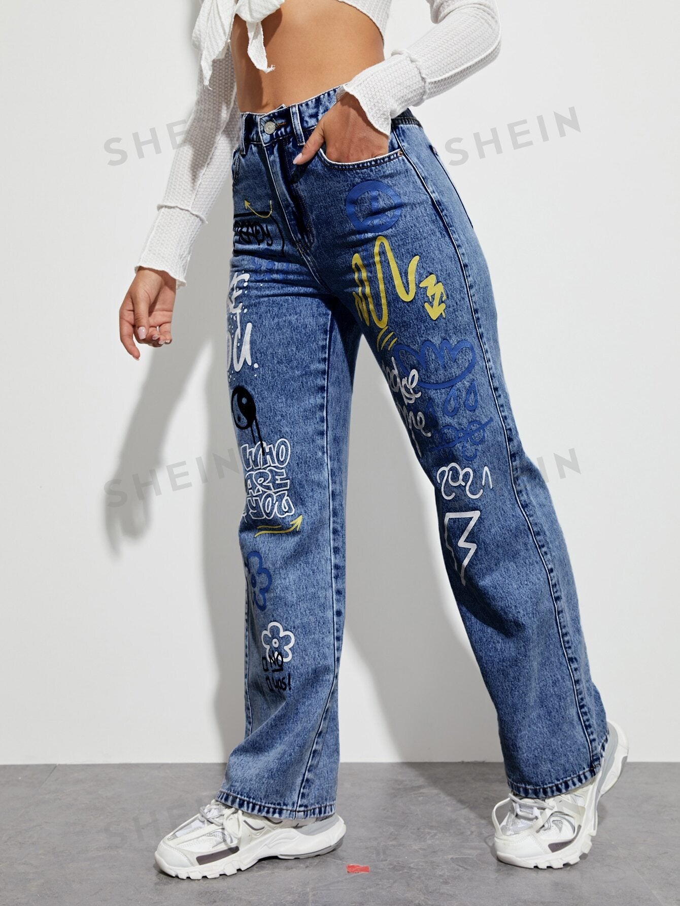 High-Waist Blue Graffiti Print Straight-Leg Jeans for Women