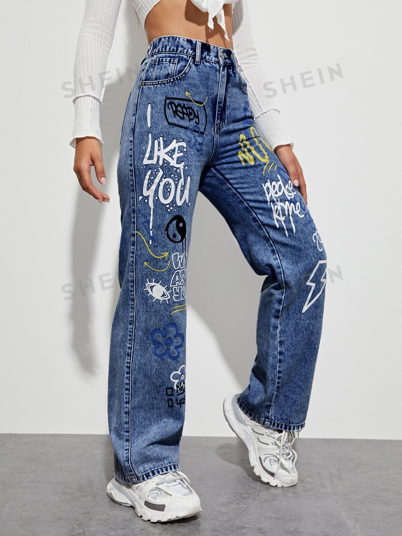 High-Waist Blue Graffiti Print Straight-Leg Jeans for Women