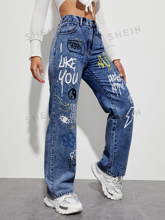 High-Waist Blue Graffiti Print Straight-Leg Jeans for Women