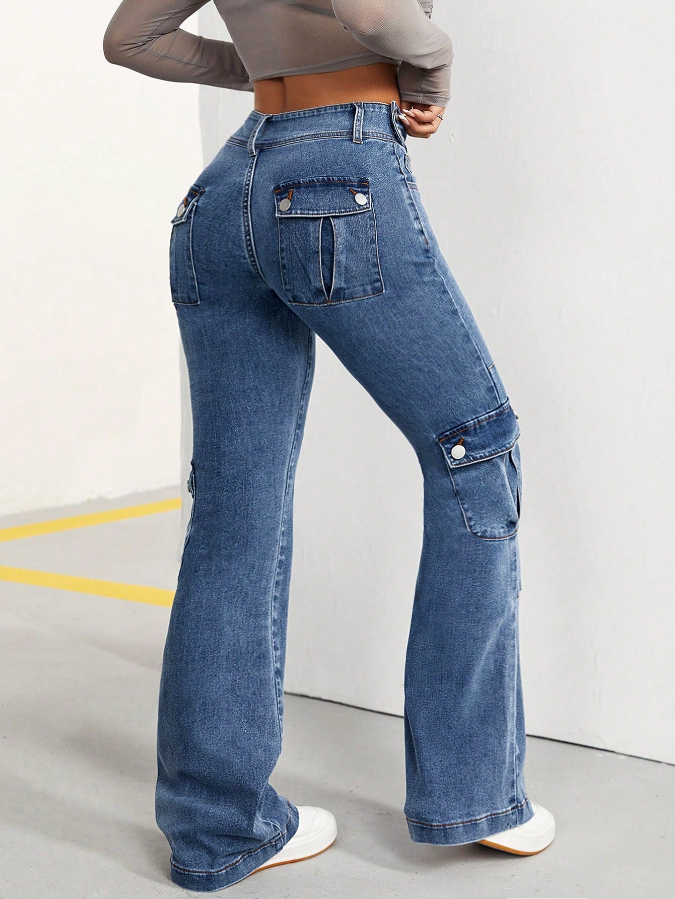 High-Waist Blue Flared Cargo Denim Jeans for Women