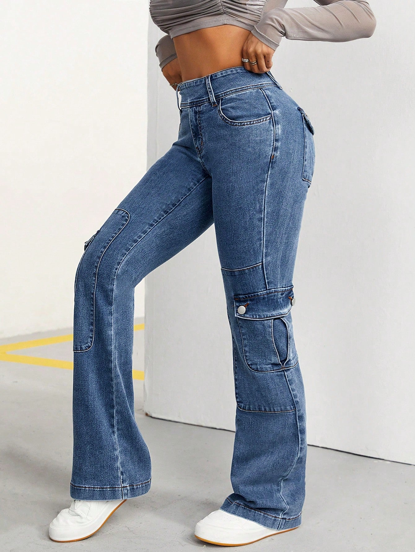 High-Waist Blue Flared Cargo Denim Jeans for Women