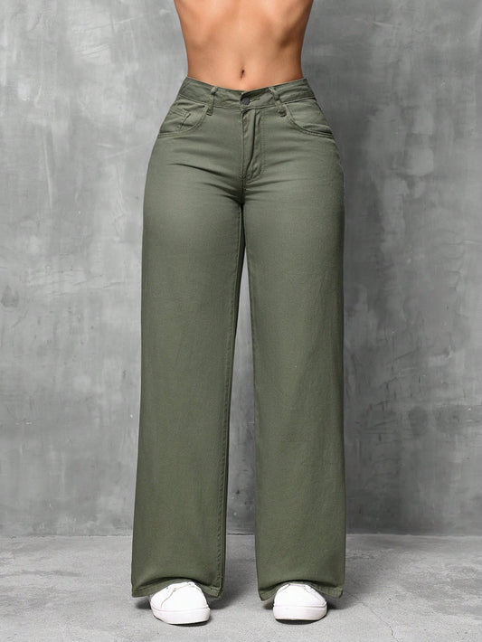 High-Waist Olive Green Wide-Leg Casual Denim Pants for Women