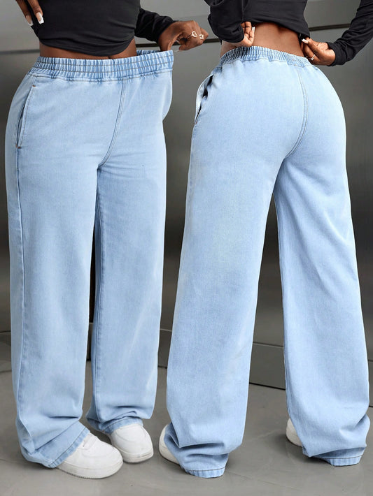 High-Waist Light Blue Elastic Waist Wide-Leg Relaxed Fit Denim Pants for Women