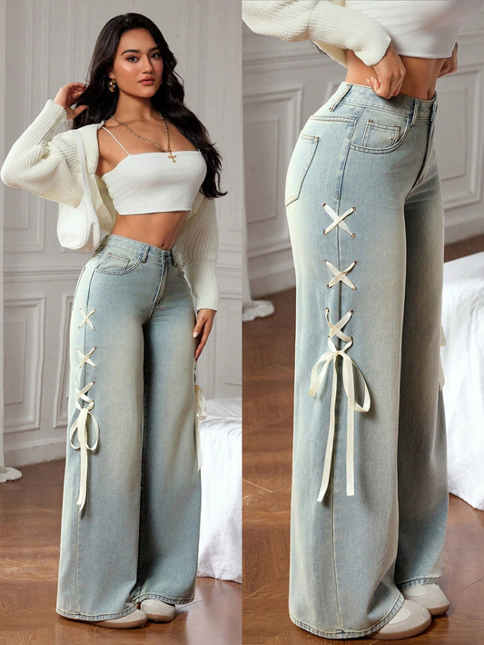 High-Waist Light Wash Side Lace-Up Wide-Leg Jeans for Women